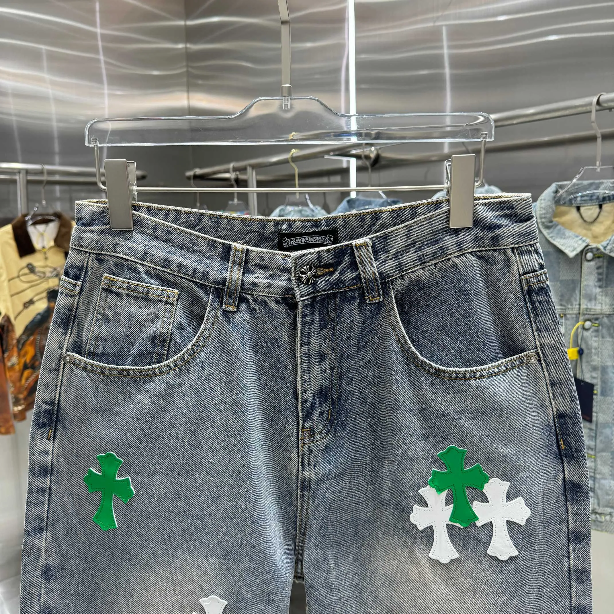 🅿️270 Crow Heart Cross logo + printed logo jeans 2025 latest product, original goods, washed casual jeans, imported original washed stretch fabric, comfortable and elastic, original hardware accessories decorated with logo, super correct version, extremely high grade, counter quality, fashionable and stylish upper body. The printing adopts imported foam printing, customized buttons, YKK zippers. The complete set of accessories is customized by molding. Color: blue Size: S-XXL 28 30 32 34 36 code